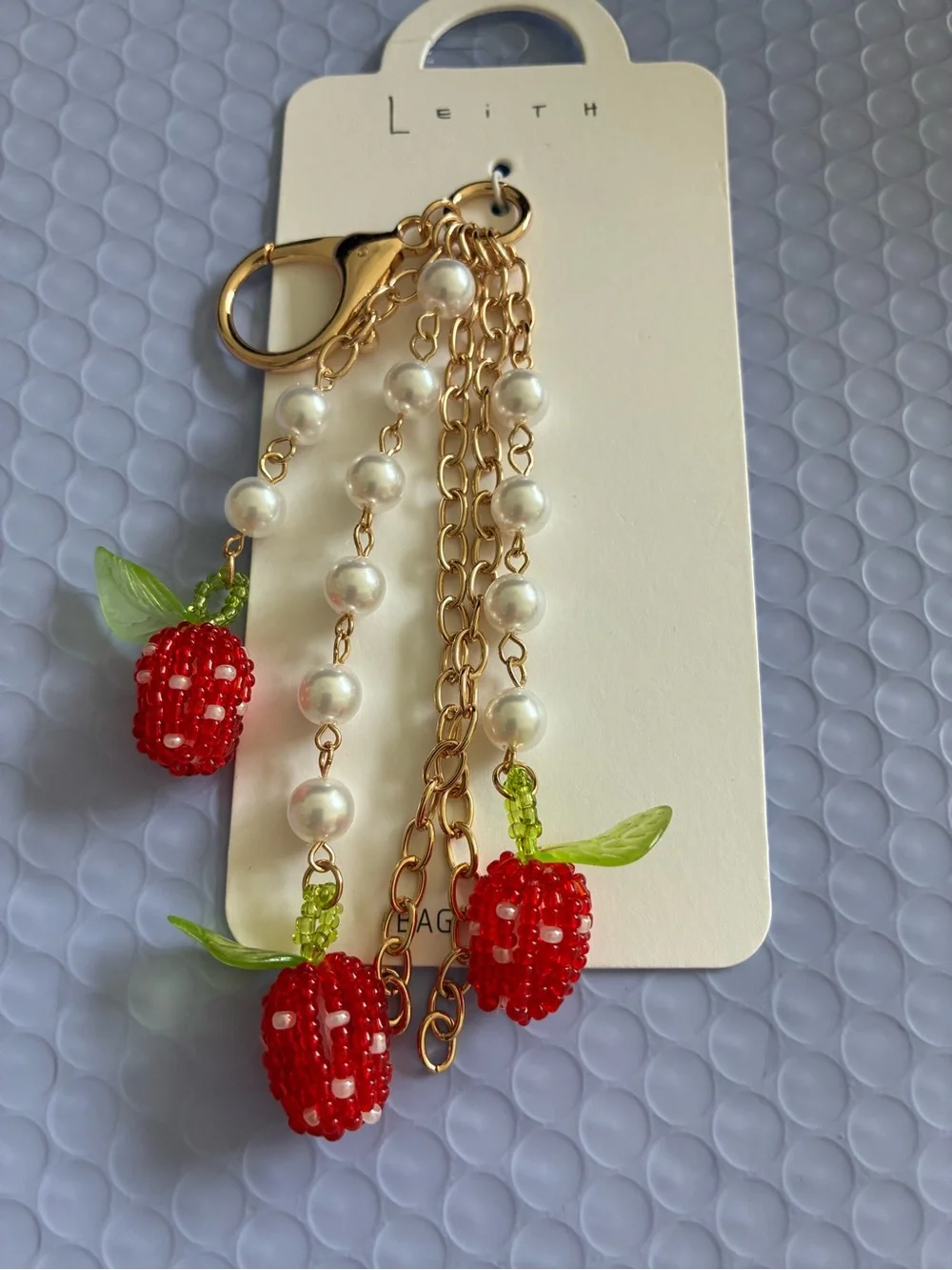 Leith Red Beaded Strawberry Charm Keychain for bags or keys .